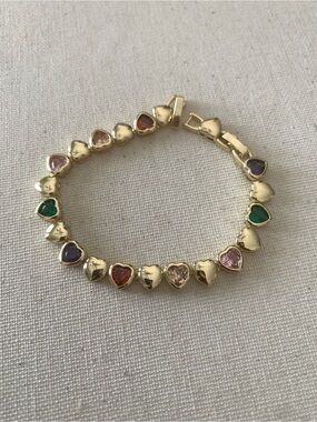 Gold Heart Link Bracelet with Multicolor Gem Hearts